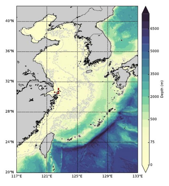  Bathymetry of the East China Sea. Red dots show the locations of measured data used to validate the models.