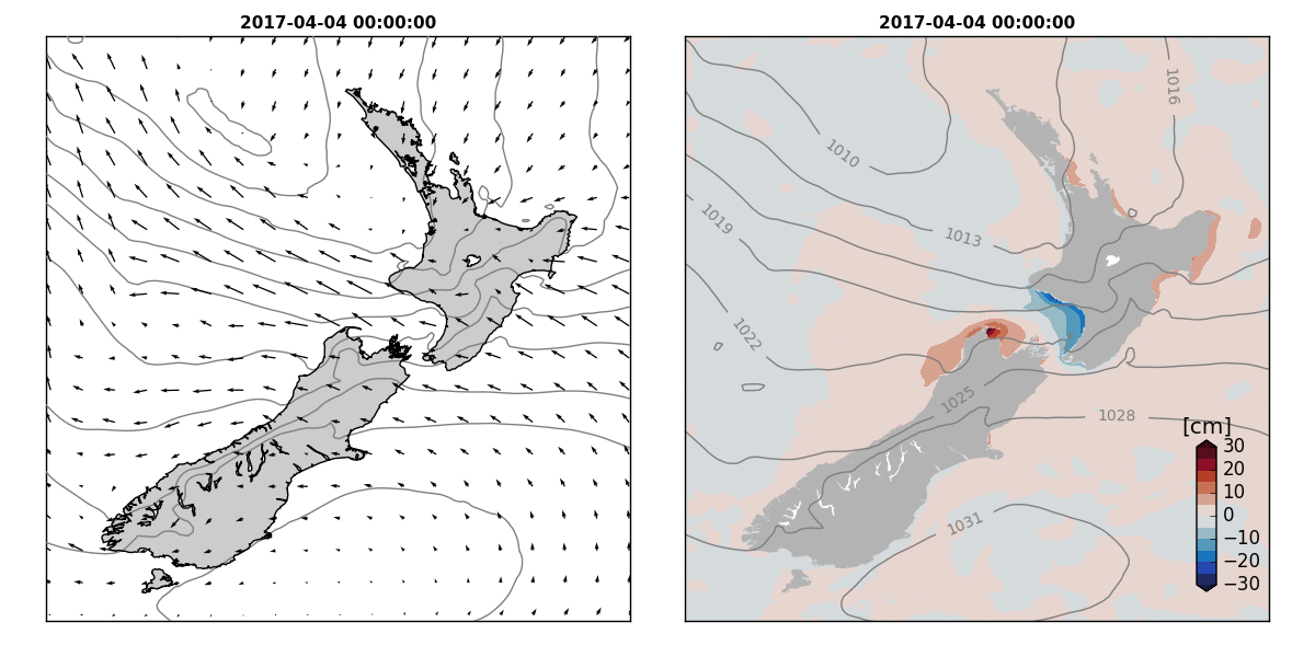 The storm progresses: wind and rain (right) and storm surges (left) coincide as ex-cyclone Debbie passes over New Zealand.