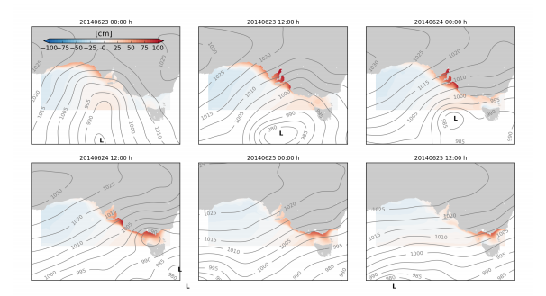 A significant extra-tropical storm event in June 2014 caused a strong and extensive storm surge while propagating from west to east off the south coast of Australia. Water elevations relative to mean sea level are shown in red/blue shades and mean sea level pressure (HPa) in black contours.