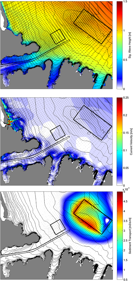 Mean wave, current velocity and sediment transport fields for a disposal site for Lyttelton Port off the Canterbury coast in New Zealand. The black polygons show the proposed disposal grounds and channel.