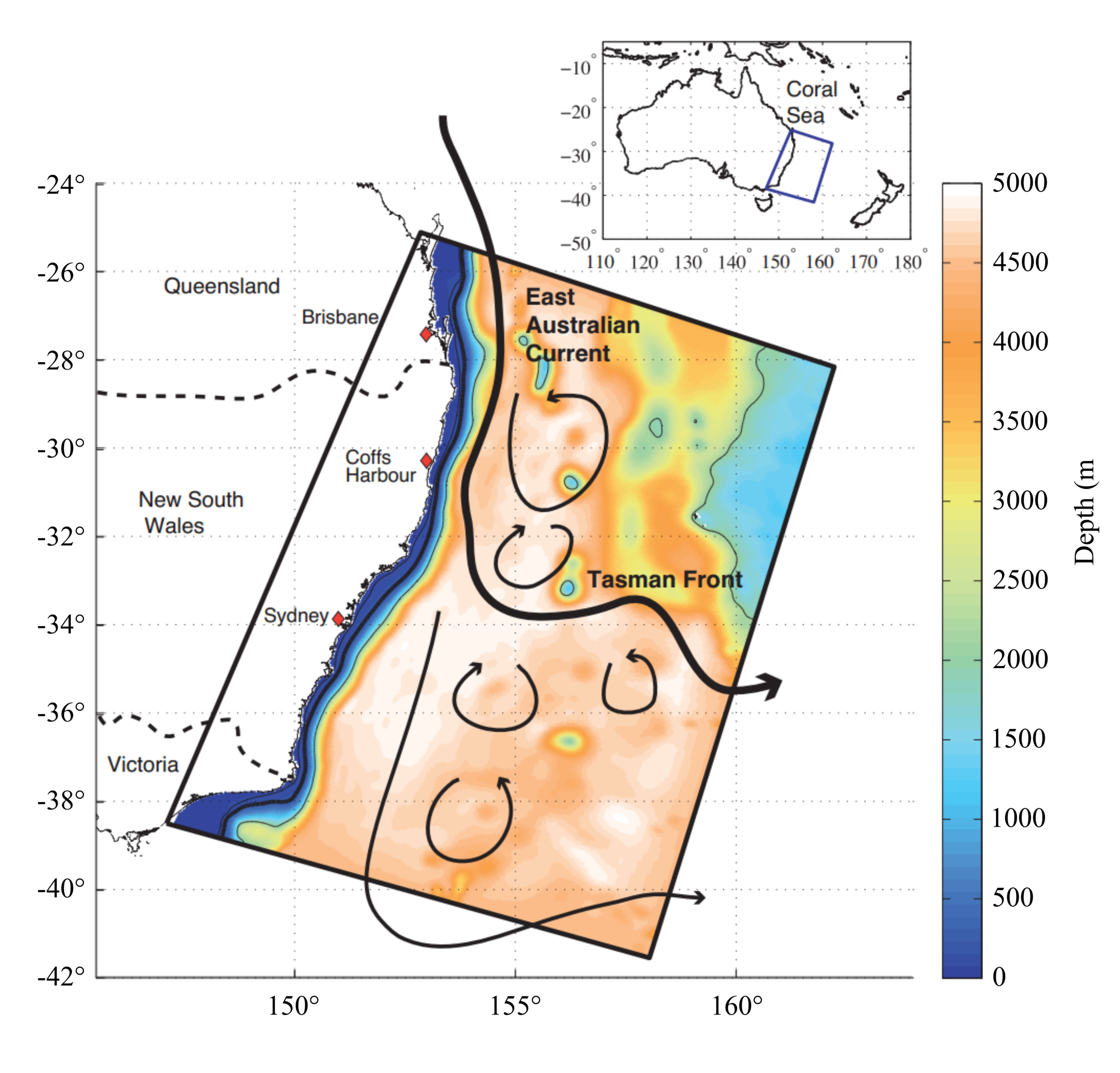 Model domain and bathymetry showing the East Australian Current and the Tasman Front (Image by Kerry et al, 2016 )