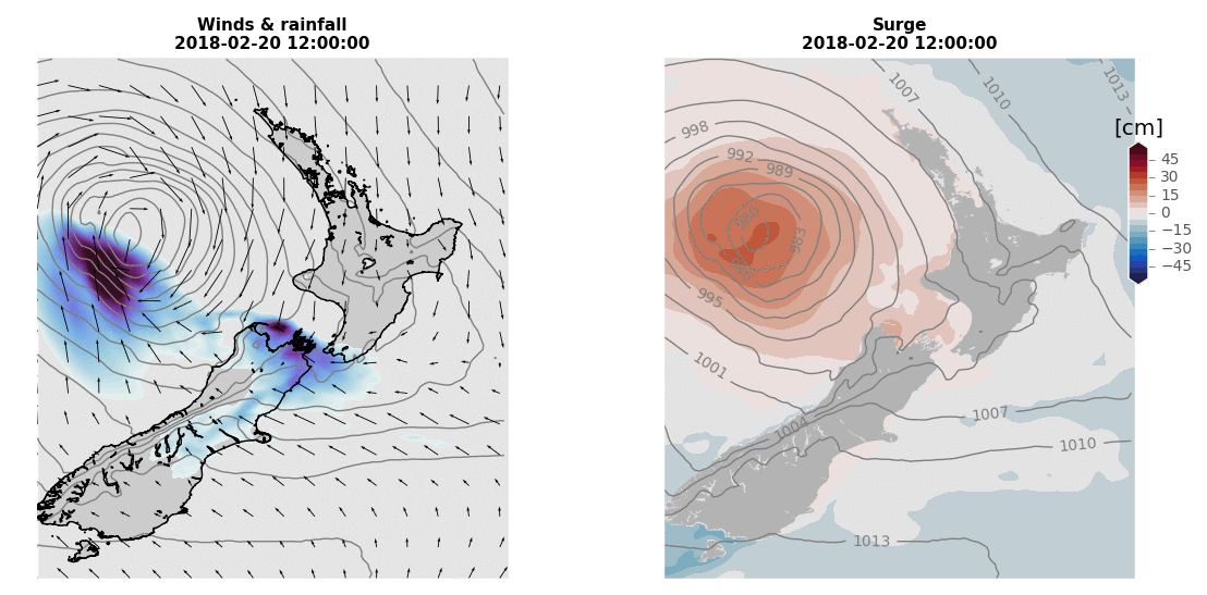 Figure 1: Predicted storm surge progress: wind and rain (left) and storm surge (right) coincide as tropical storm Gita passes over New Zealand.