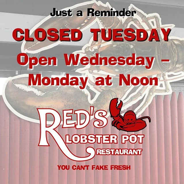 Just a reminder! Red&rsquo;s is closed on Tuesdays. We are open Wednesday - Monday at noon. 😃 🦞 
#PointPleasantBeach