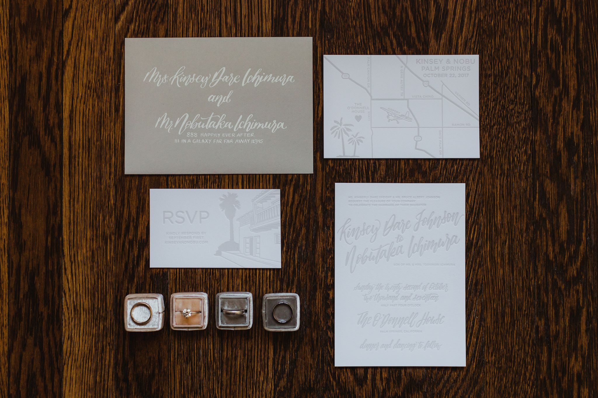 Kinsey and Nobu were looking for a streamline, monochrome and minimal invitation suite while still embodying the desert vibes of their stunning venue. Hand lettered envelopes furthered the personalized nature of their invitation suite.