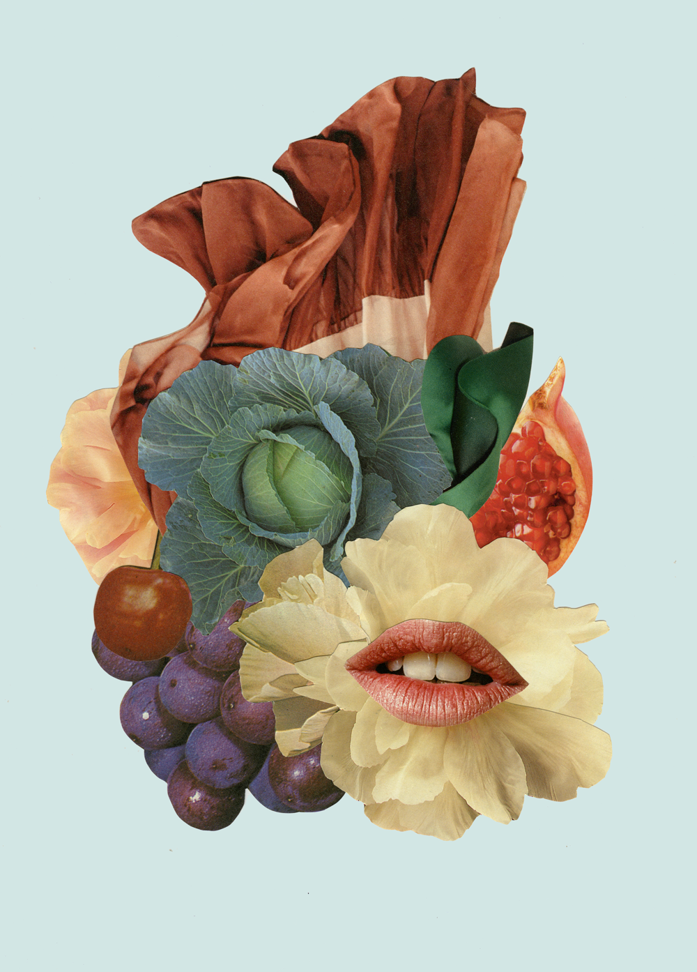 A surreal collage combining botanical illustration with figurative elements: layered fabric textures in rust and cream tones, fresh produce including cabbage, berries, and raspberries, arranged with a pair of lips against a pale blue background.