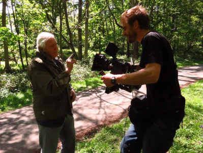 George filming a close-up shot of David holding a female great tit we’d just caught. The bird was released within minutes, and went back to take care of her chicks.