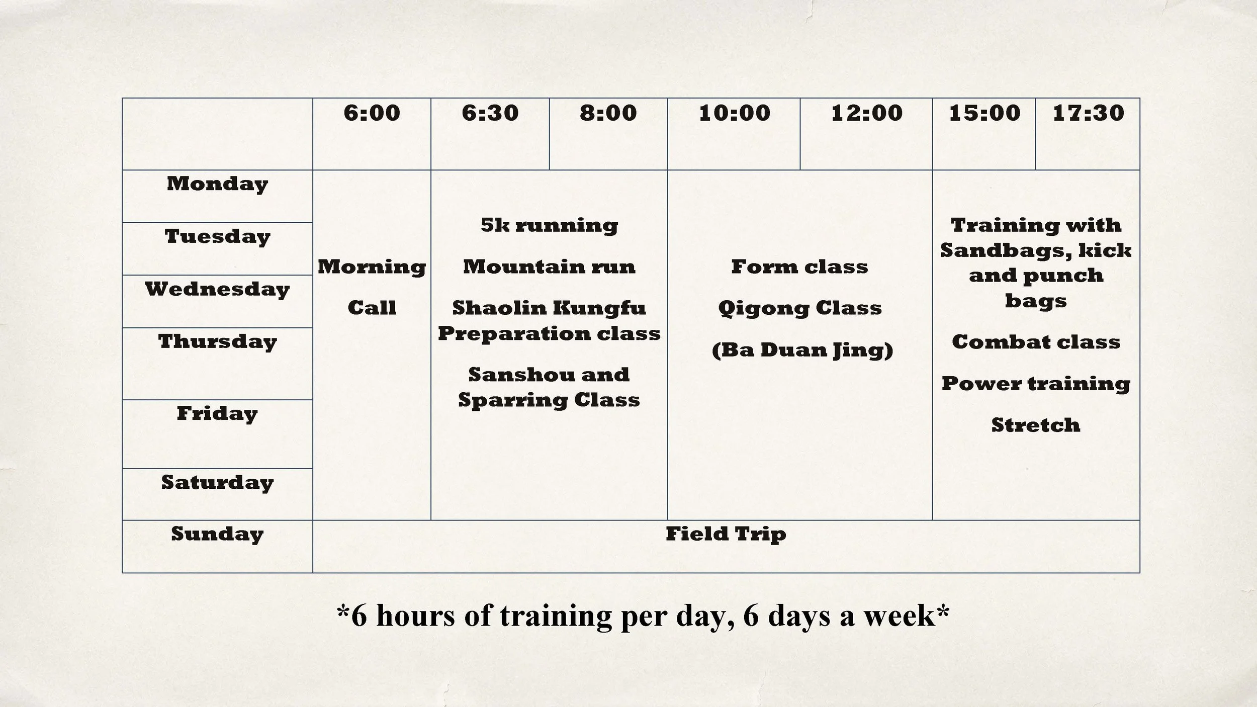 Shaolin Temple Kung Fu camp 2017 - Time table