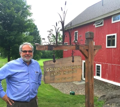 Mark in front of the Golden Foundation Artist Residence barn.