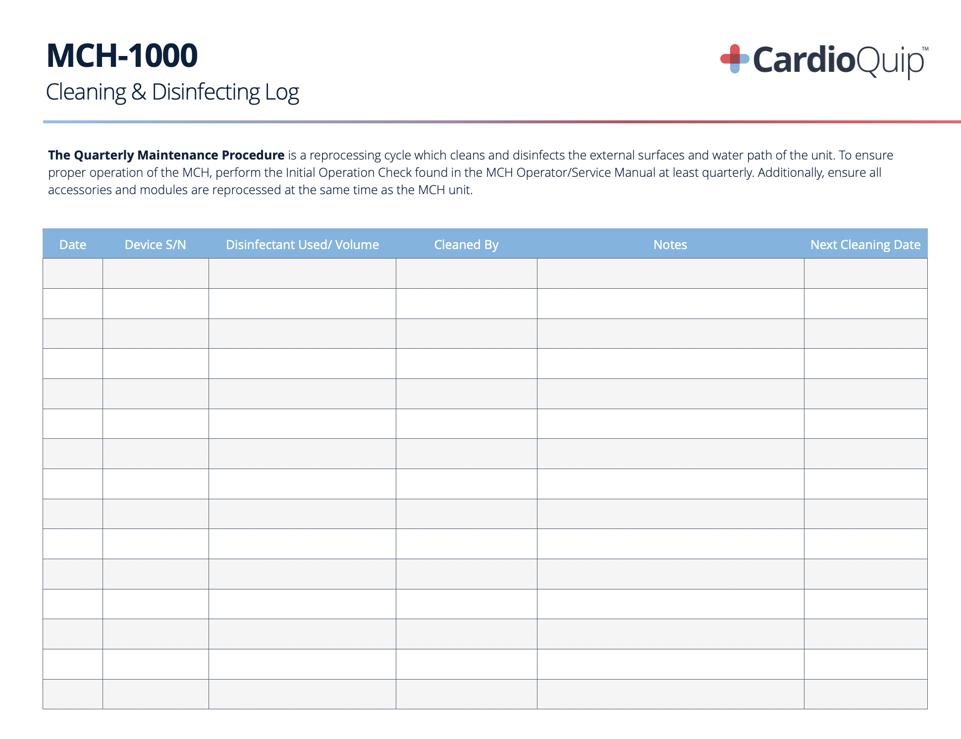 MCH-1000 Quarterly Maintenance Log