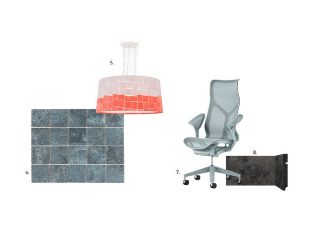 5 - Pendente com cúpula Quadrados, assinado por Fernanda Yamamoto para Bertolucci 6 - Revestimento cerâmico Oxy Blue Mesh, da Eliane Revestimentos 7 - Cadeira Cosm, design por Studio 7.5 para Herman Miller, na Novo Ambiente 8 - Rodapé 3496 Preto Coleção OXI, da Santa Luzia