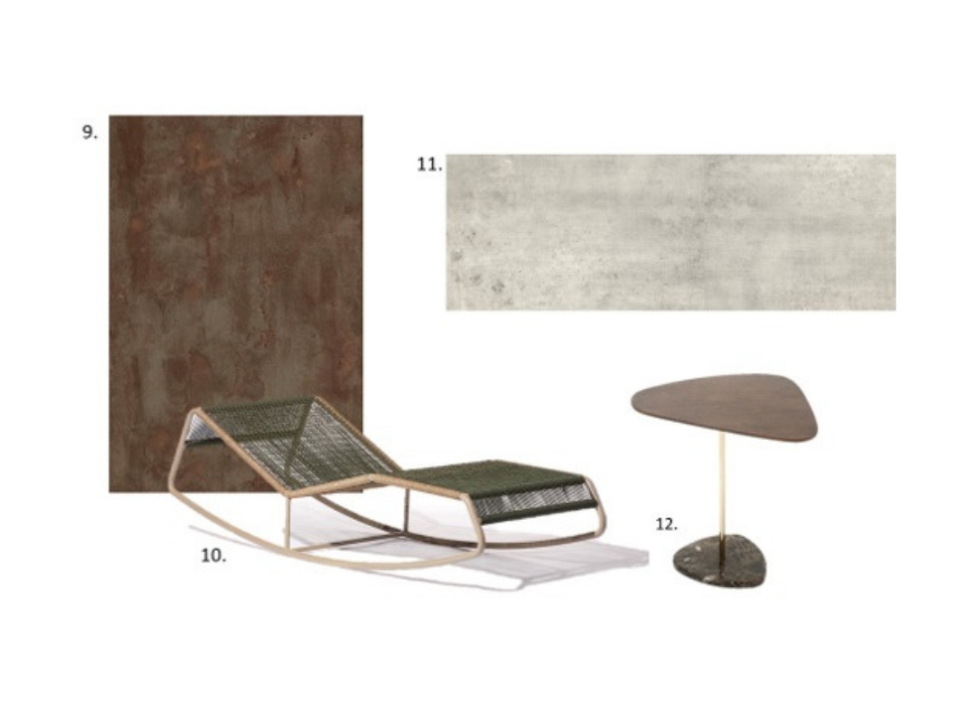 9 - Padrão Steel reproduz as imperfeições do metal oxidado utilizado na construção civil, na Criare 10 - Espreguiçadeira de balanço Contorno, design de Rejane Carvalho Leite para a DonaFlor Mobília 11 - Piso laminado Gran Elegance Concreto, com régua de 45 cm de largura, na Eucatex 12 - Mesa auxiliar Tundra é inspirada na forma das montanhas da região ártica, na Saccaro