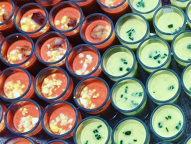 Gazpacho Shooters for days....reminiscing back to our  @tenbarnfarm Harvest Farm-to-Table dinner. All ingredients minus the pancetta garnish nibble were used from the farm. Our Farm-to-Table guests had the choice of tasting from salmorejo &amp; zucch