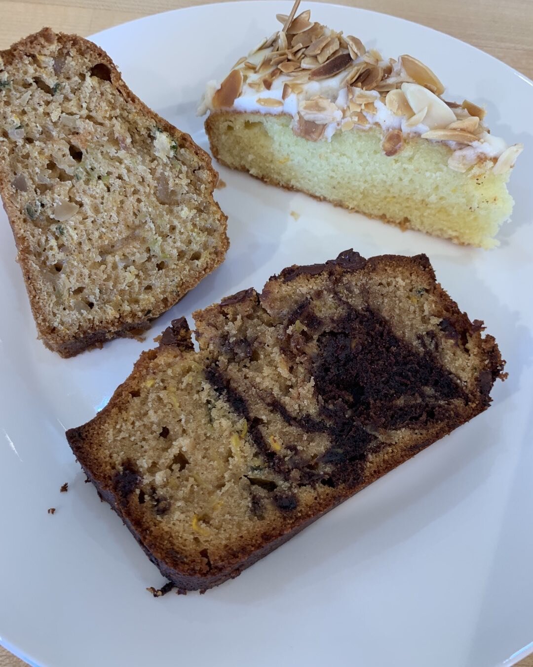 Baked goods today in the kitchen!  Chocolate peanut butter zucchini bread, citrus almond olive oil cake &amp; zucchini cake w/fresh ginger &amp; macadamia nuts.