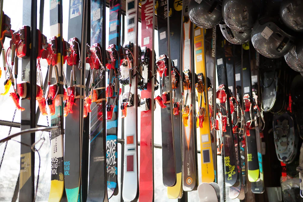 Some of our Telemark demos. What is Telemarking? It is a style of skiing where the biding allows your heels to come off the ski.