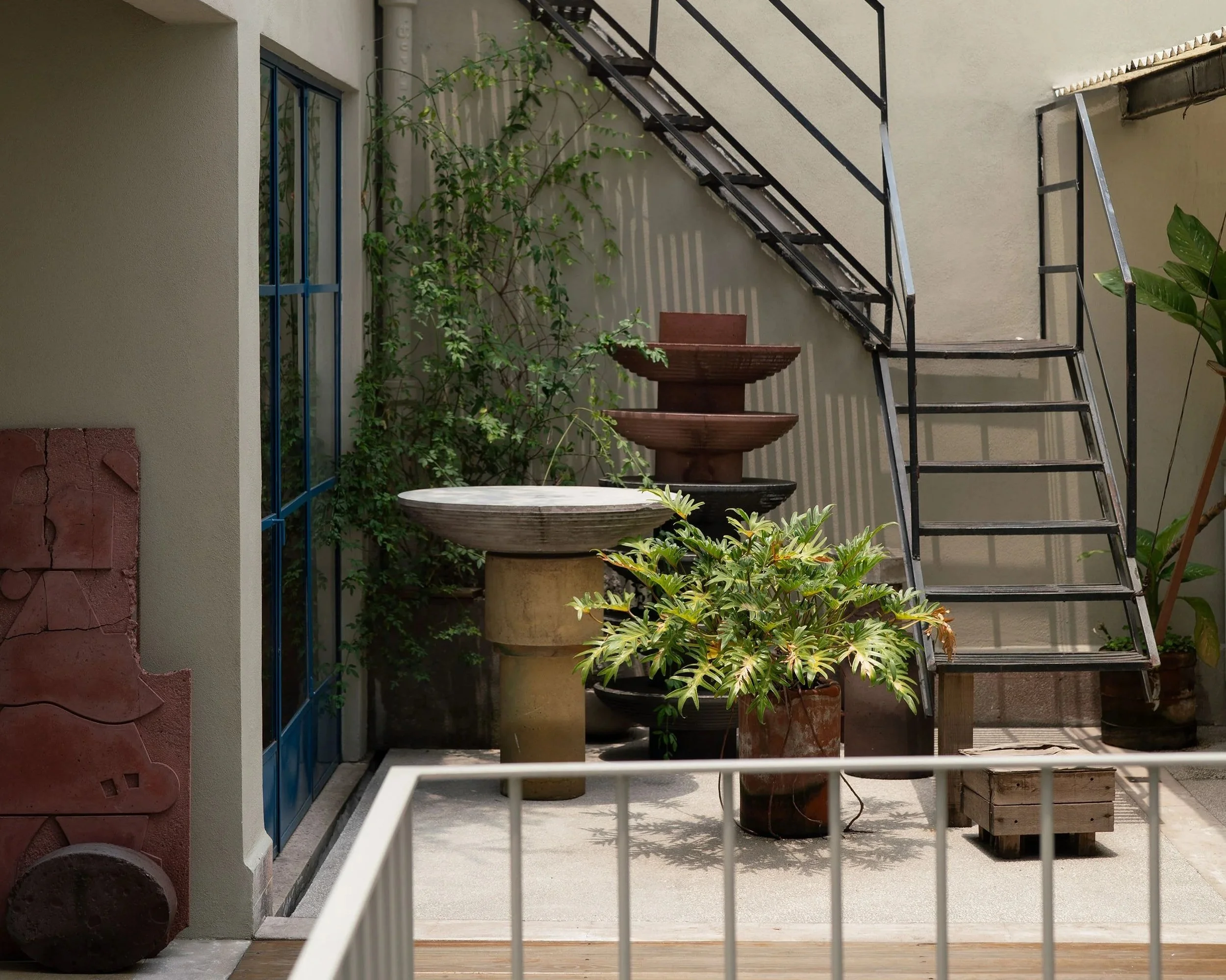 A view into the outside courtyard of Lucas Cantú's CDMX Studio