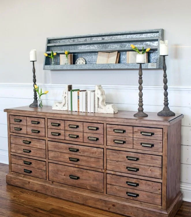 Antiques, staged open shelves, industrial elements via HGTV