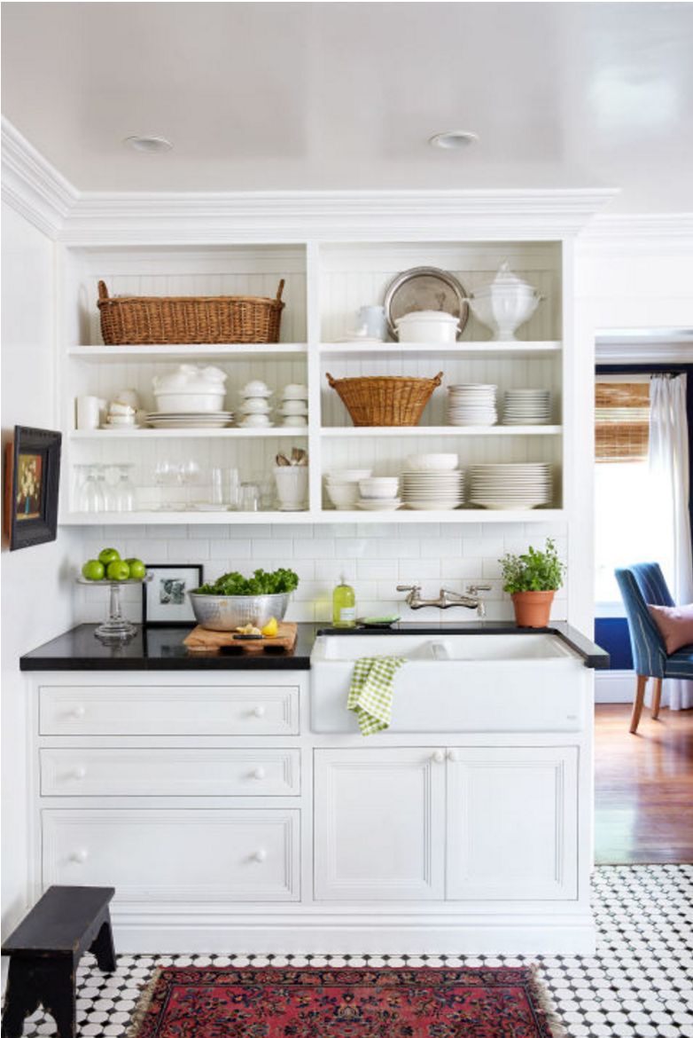 Farm Style sinks, baskets, black and white color scheme - Do you love the pop of color? via studiomcgee
