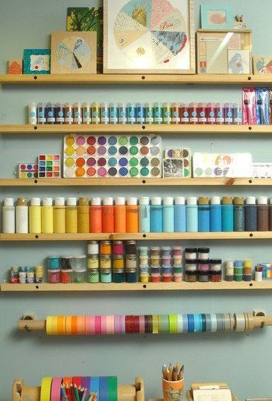 It helps to have everything within view. You can see exactly where things are and it is all easy to access. This fosters inspiration just looking at it!! Isn't color inspiring? via pinterest