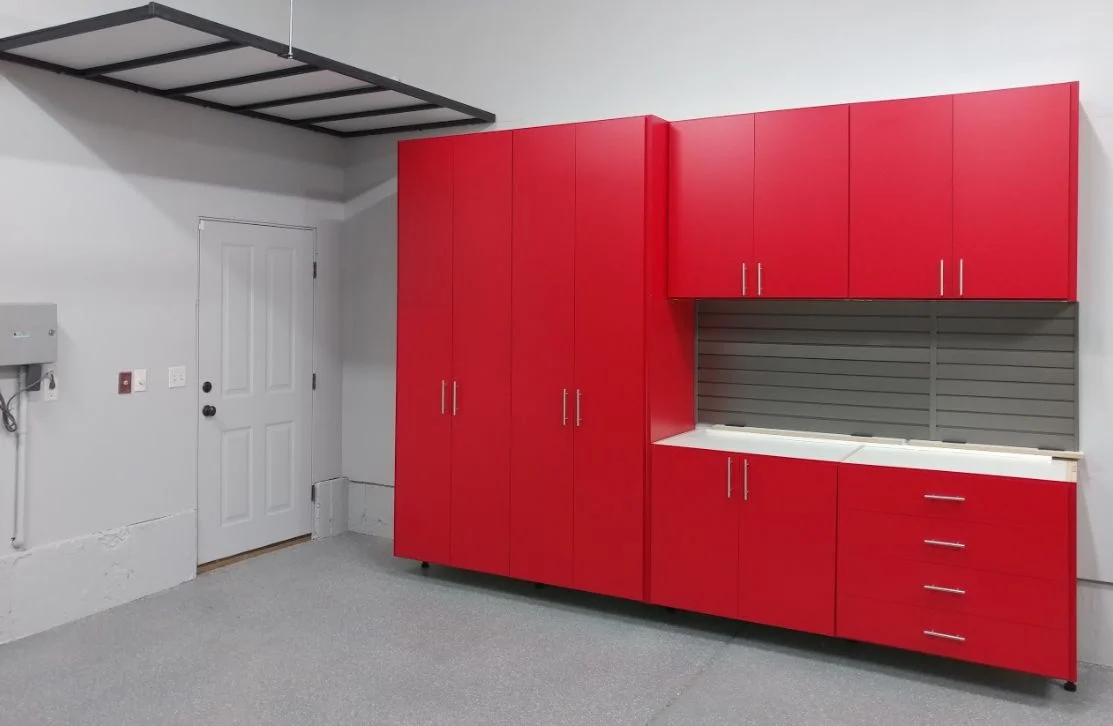 Go HERE for our unique continuous overhead storage that doesn't shake or move or rattle and roll (Ha!)! It looks clean and sleek without a lot of supports that get in your way as you are putting things in and out. Yet, the weight capacity of our units is greater!! You gotta love that!! In another post we'll show you how this unit looks with the workbench top. It's in. We're going back to do more work for this great client and will take a photo then.