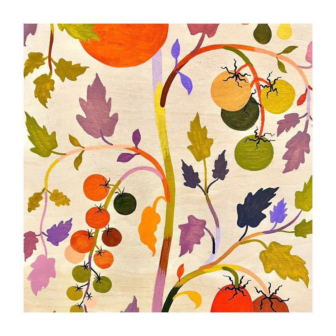 fantastical tomatties in multicolour, on wood panel, destined to become a very fun wallpaper pattern.... but after my holiday 🍅✌🏼⁠
⁠
⁠
⁠
⁠
⁠
⁠
⁠
#tomatopainting #tomatofabric #tomatowallpaper #botanicalpattern #textiledesign #surfacedesign #customf