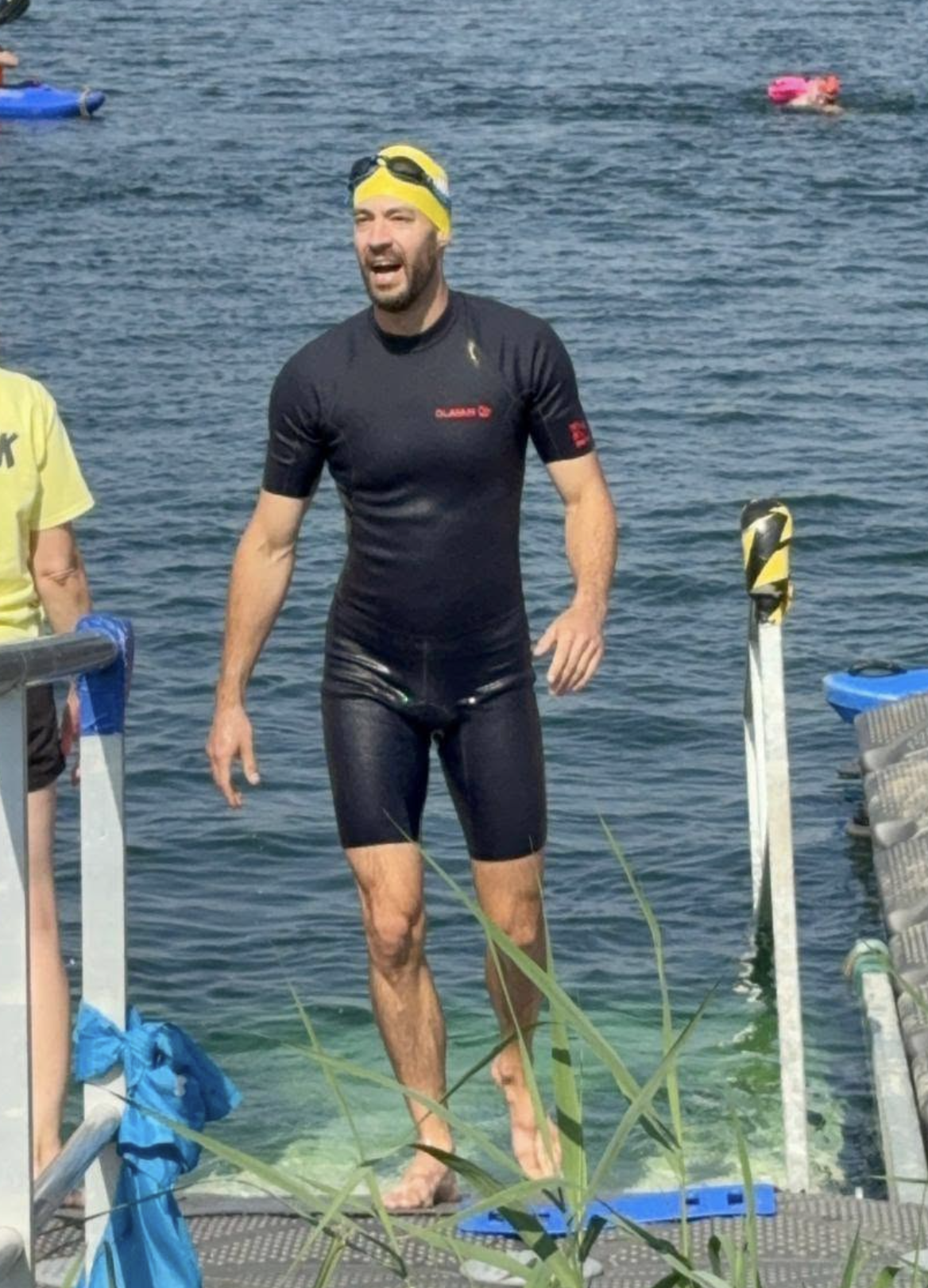 Superhero Tri sidekick Jean-Francois emerges from Dorney Lake, Windsor, where he swam for the Wheels and Wheelchairs teams.