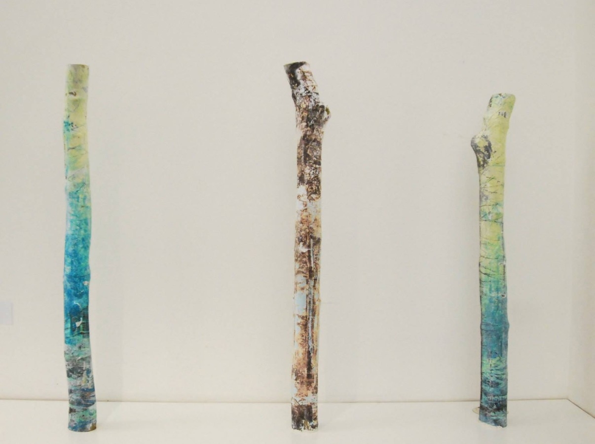 'Rebuilding 1, 2 & 3' Concrete, Bamboo, Print and Acrylic 8cm x 8cm x 85cm 2015 £900 each