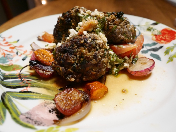 Spinach Feta Meatballs with Roasted Root Veggies and Tomato Feta Sala