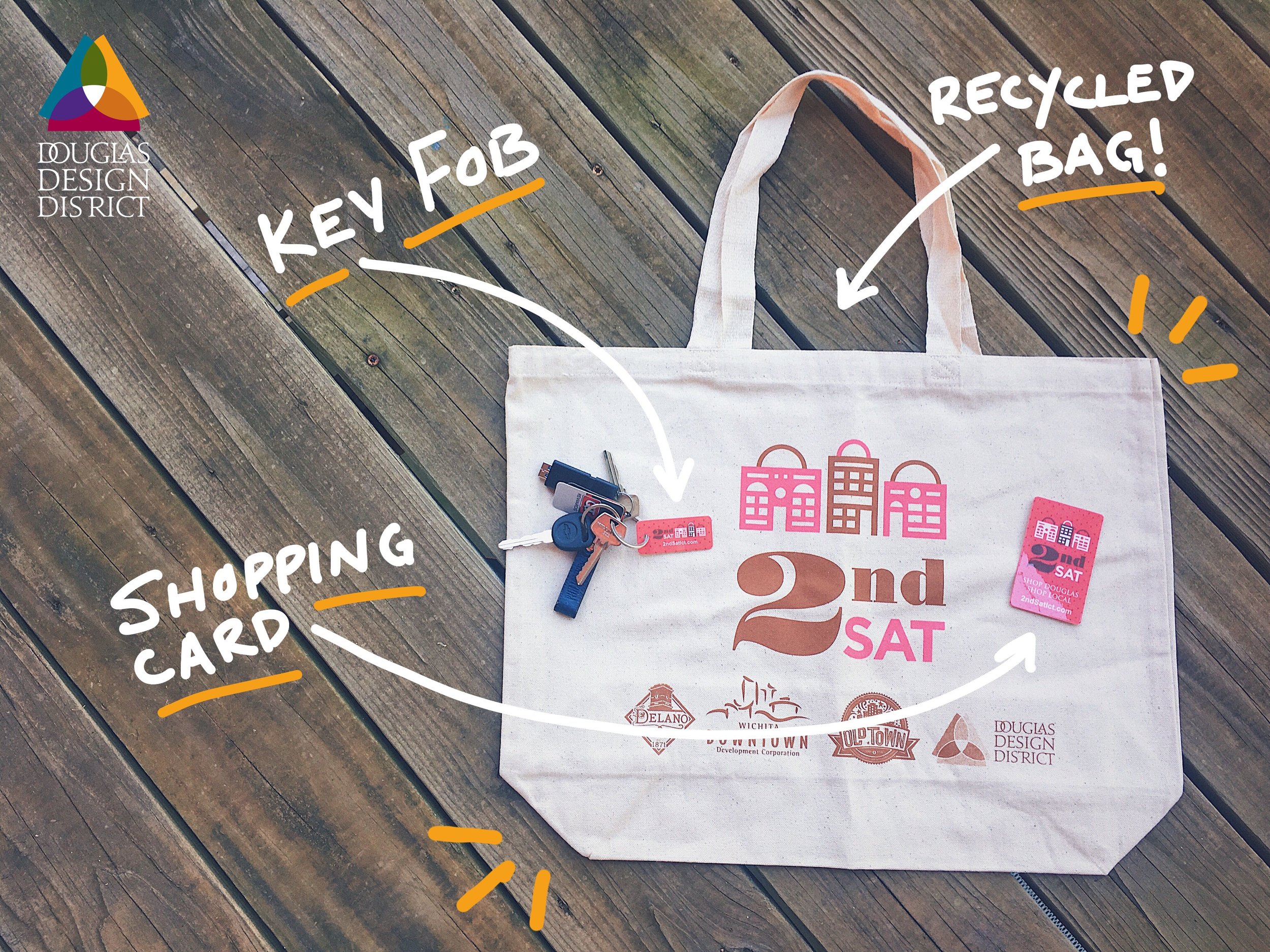 Your $5 2nd Saturday shopping kit comes with a re-usable, recycled bag, a 2nd Saturday Key Fob, and Shopping Card. Now you're ready to go!