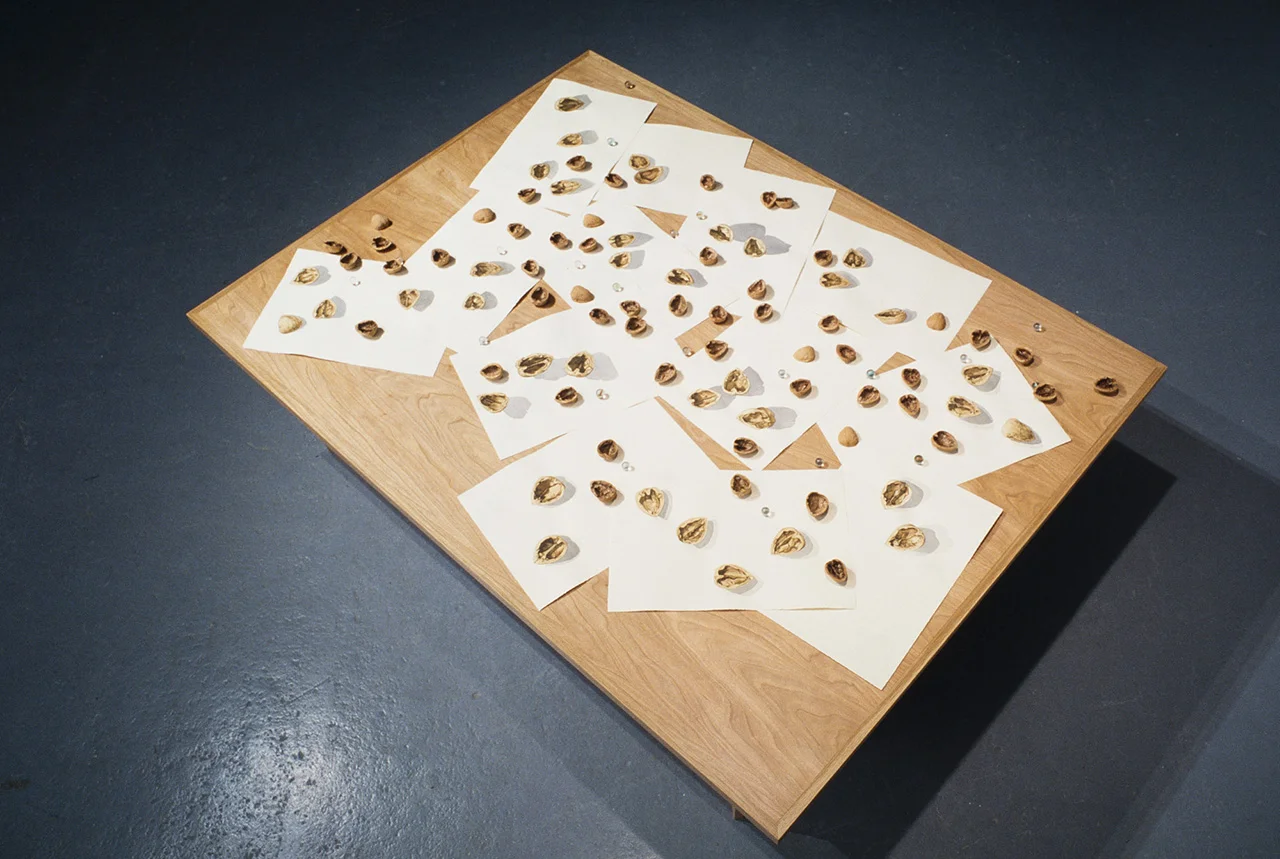Games of Chance , 1996, watercolours, walnut shells, marbles, cherry wood table.