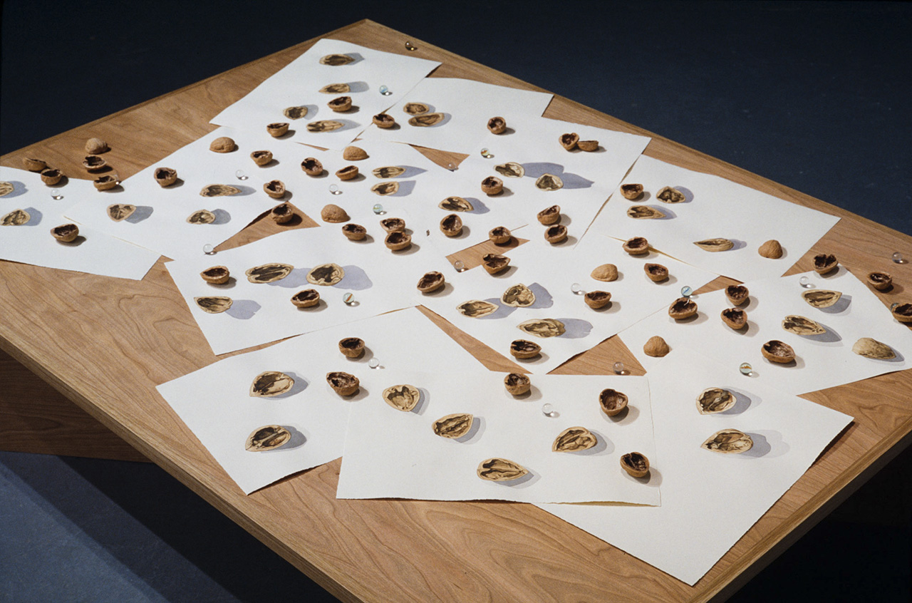 Games of Chance , 1996, watercolours, walnut shells, marbles, cherry wood table.