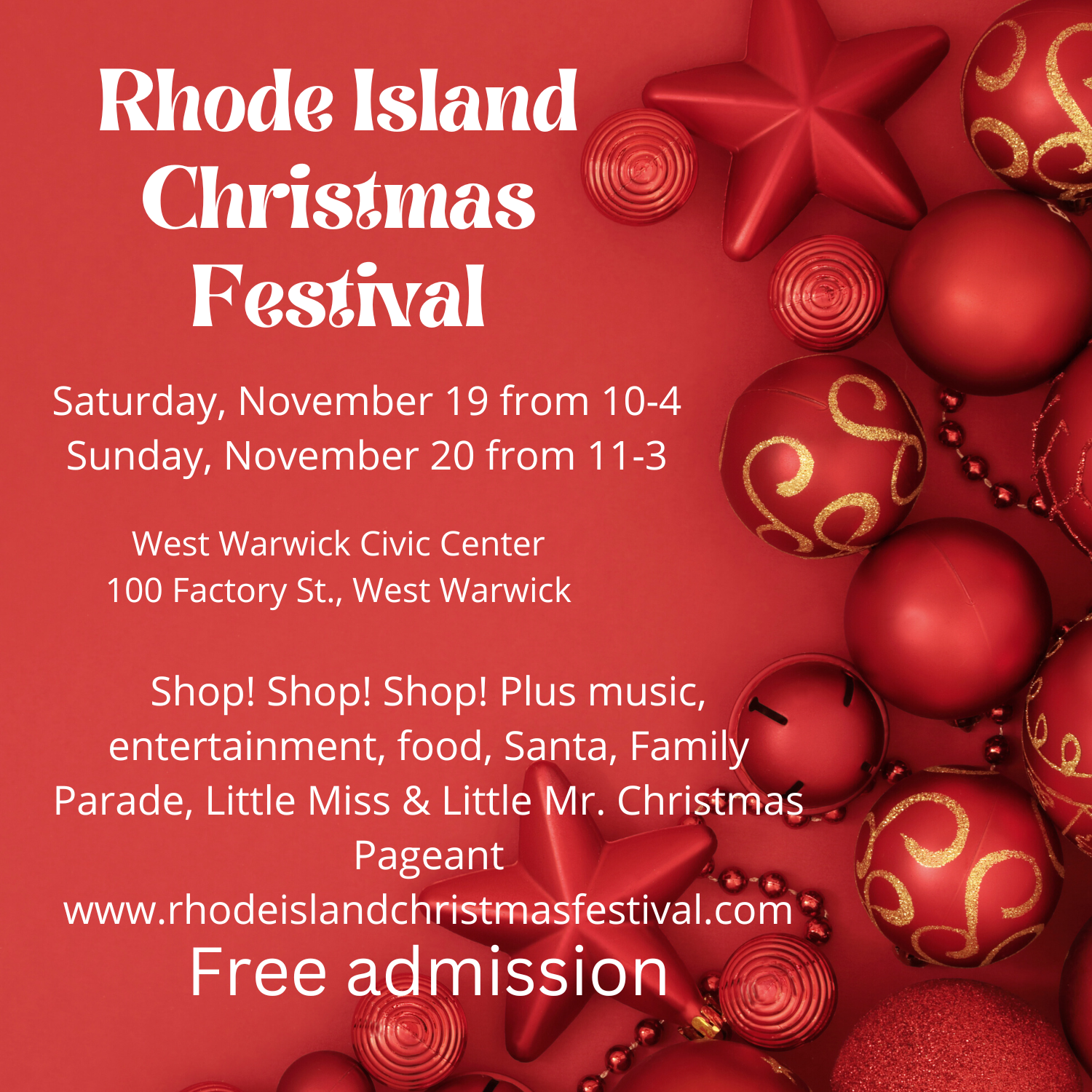 Rhode Island Christmas Festival, West Warwick Civic Center, West Warwick,  RI 11/19 & 11/20/22 — Bridal Shows By Kelly Community Marketing LLC