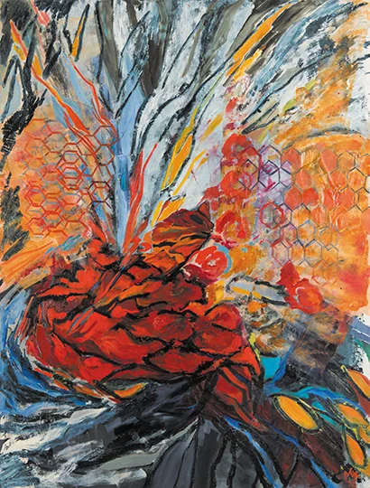 Death of the Bumblebee II , 2013, Oil on Paper and Collage, 50" x 38"