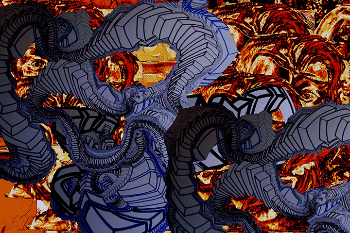 Ariadne's Thread , 2015, UV ink and acrylic on canvas, 48" x 72"