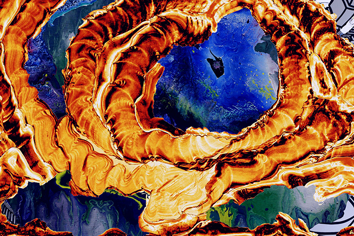 Blissful Lake of Fire , 2015, UV ink and acrylic on canvas, 48" x 72"