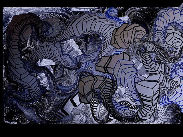 Invasion , 2015, UV ink and acrylic on canvas, 48" x 70"