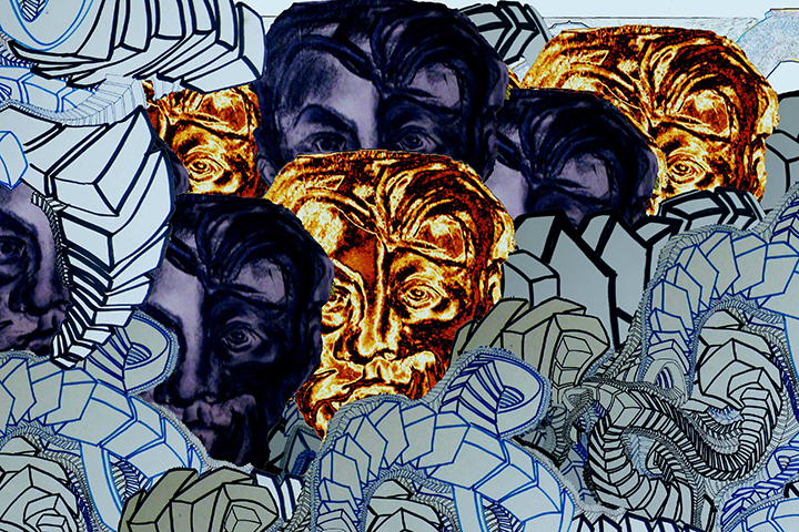 Lest Ye Be Judged , 2015, UV ink and acrylic on canvas, 48" x 72" 