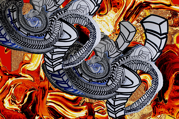The Virgins and the Volcano , 2015, UV ink and acrylic on canvas, 30" x 45"
