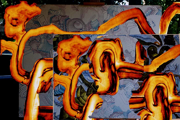 Worlds Out of Sync , 2015, UV ink and acrylic on canvas, 48" x 72"