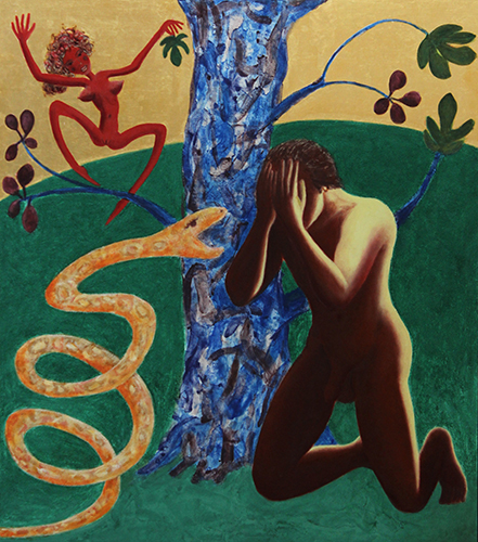 Evolution of a Myth No. 3, Eve's Triumph 2015, Gold leaf, natural and mineral pigments on linen on panel, 51.8" x 44.9"