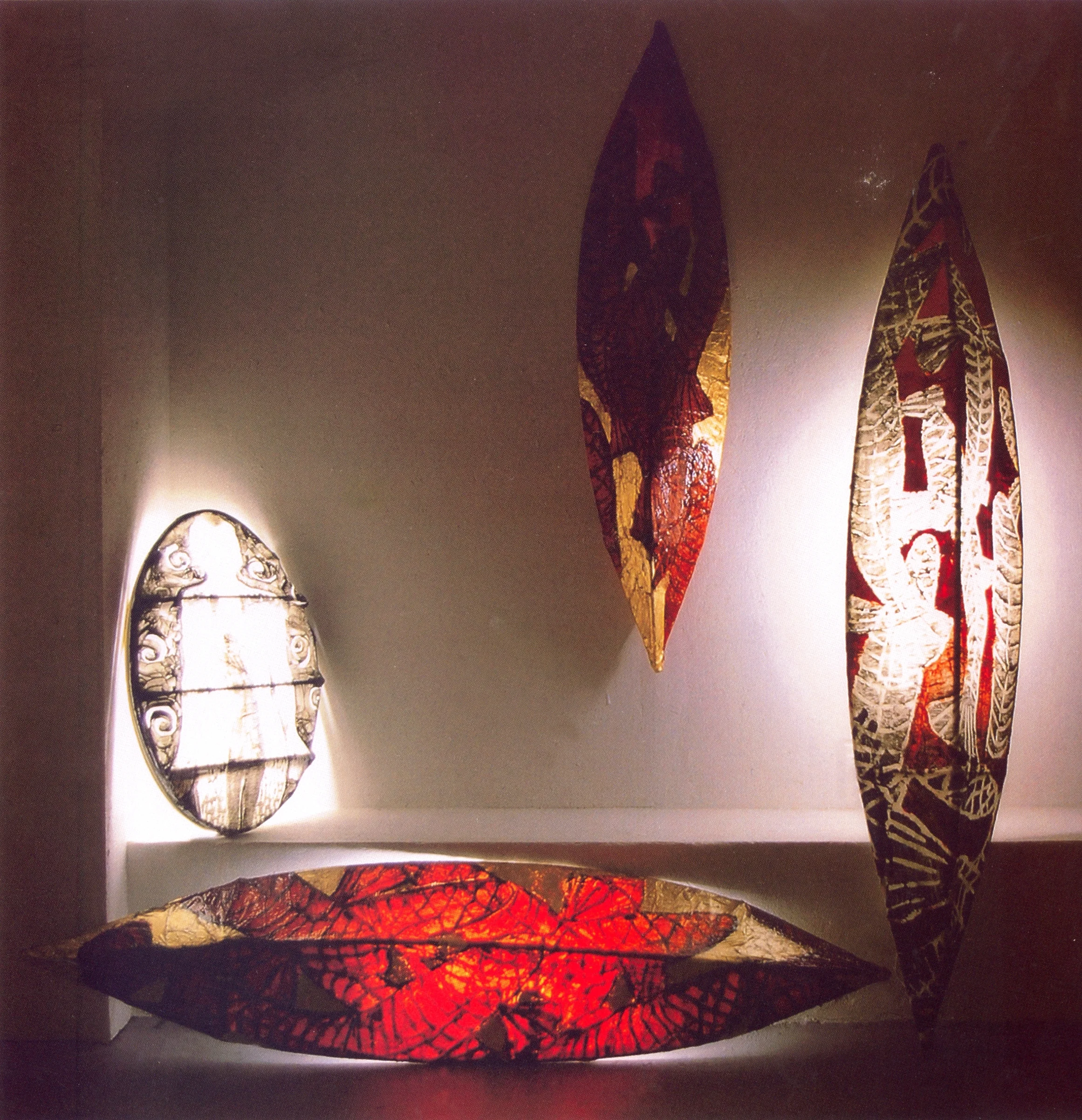Installation view of 3D lighted woodcut print collages, 2006