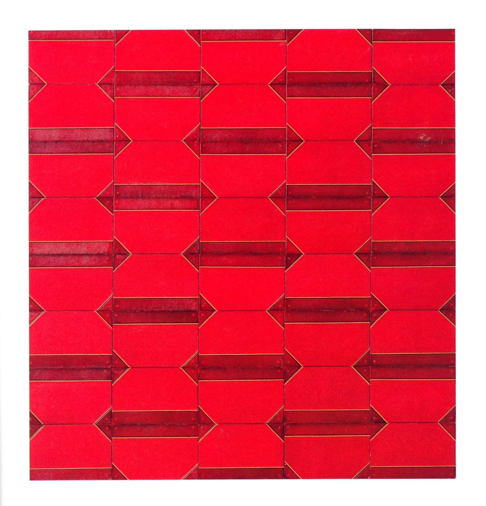 The Arrow that Cannot be Removed antique book covers on wood, 44 1/2"x47"x1 1/2", 2004