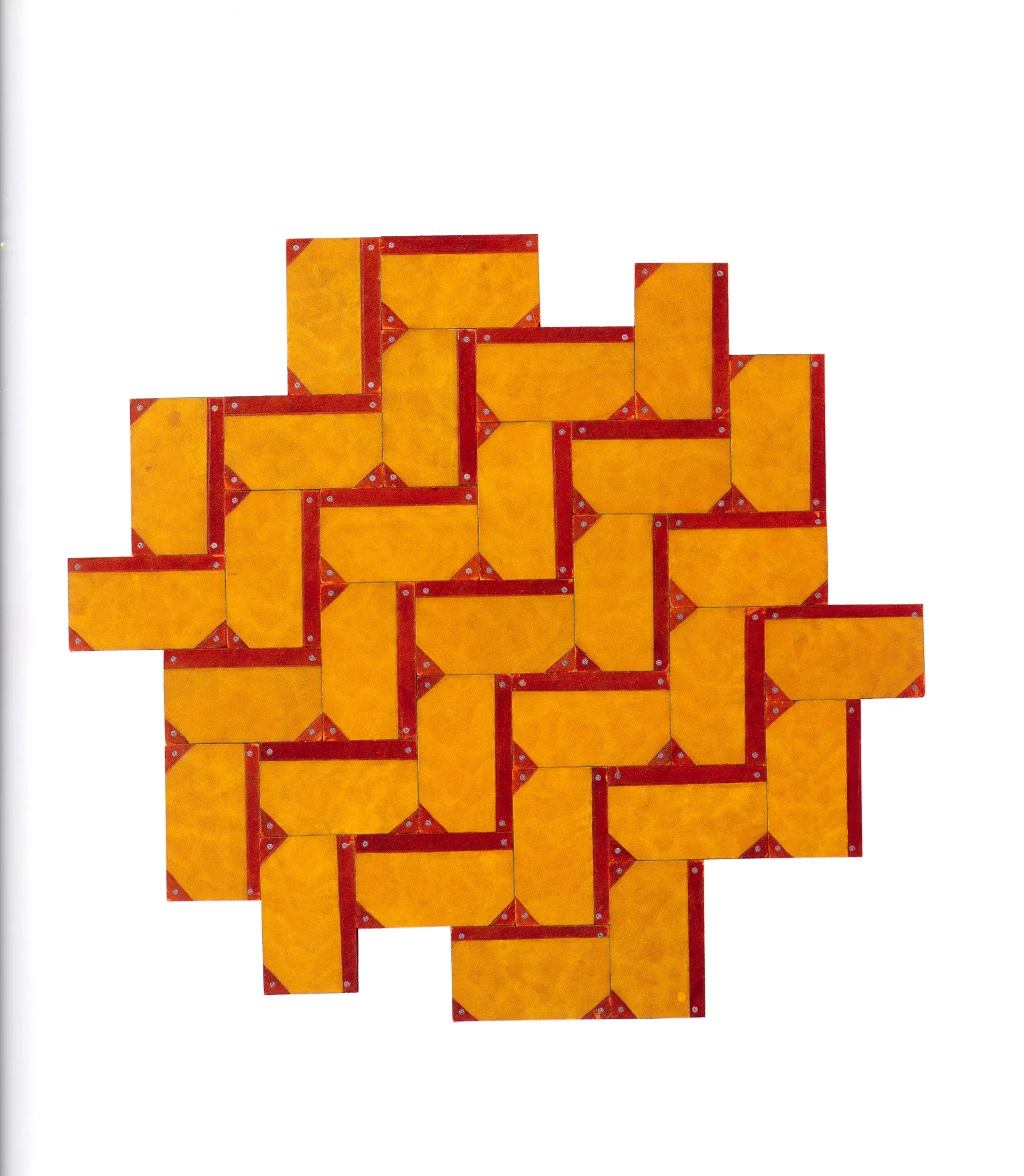 Geo antique book covers on wood, 35"x32"x1 1/2", 2005