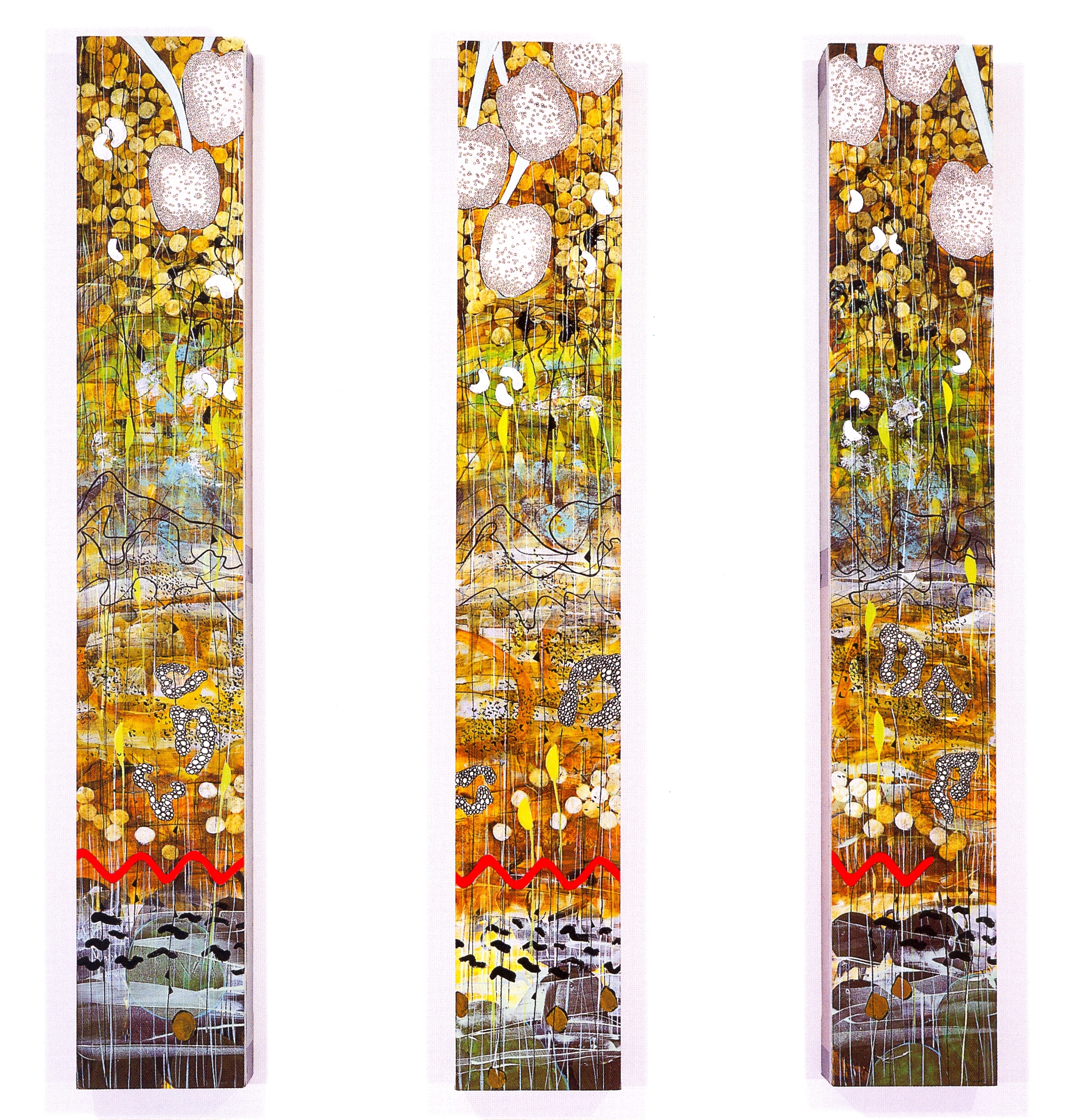 Betsy Stewart, Pond Totem Triptych #2, 2001, Acrylic and Sumi Ink on canvas, 59" x 9" x 3 1/2" (Each Panel)