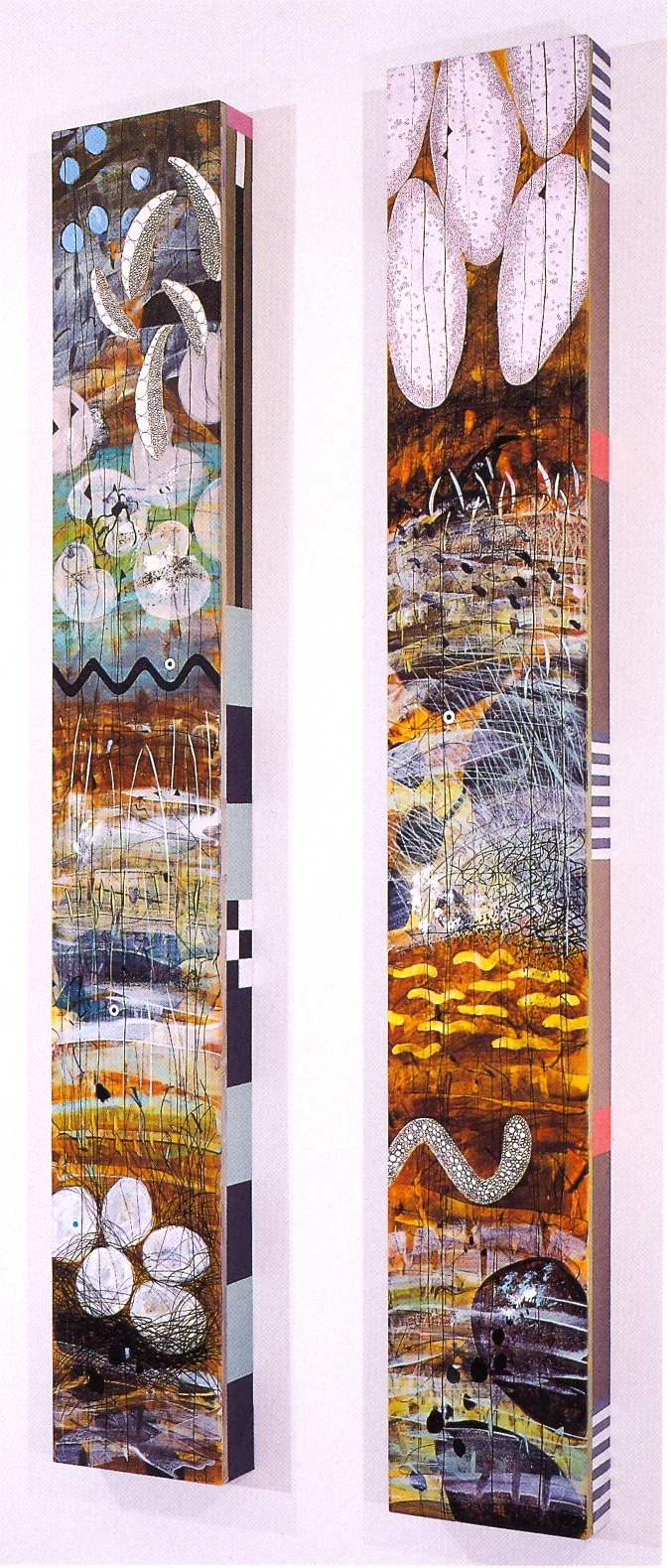 Betsy Stewart, Pond Totem #25 (Left), Pond Totem #20 (Right), 2002, Acrylic and Sumi Ink on canvas, 70" x 10" x 3 1/2" (Each Panel)