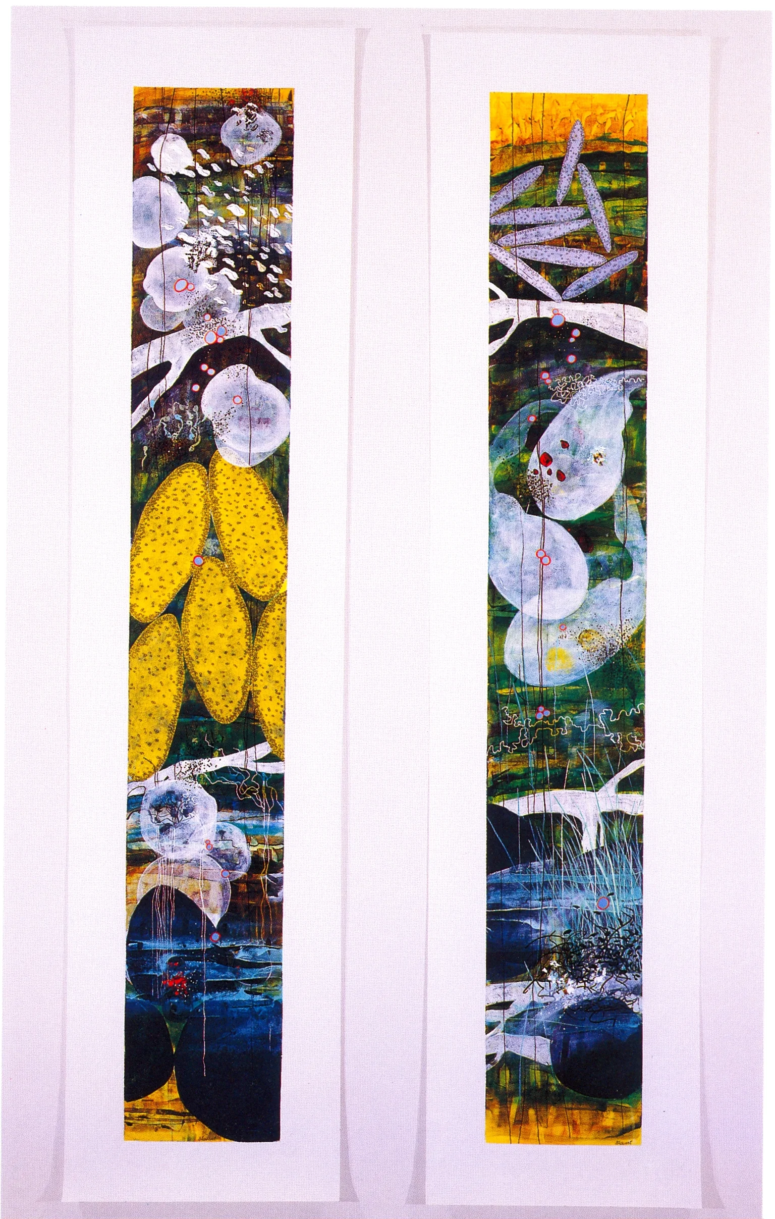 Betsy Stewart, River Scroll #1 (Left), River Scroll #2 (Right), 2002, Acrylic and Sumi Ink on canvas, 78" x 18" (Each Panel)