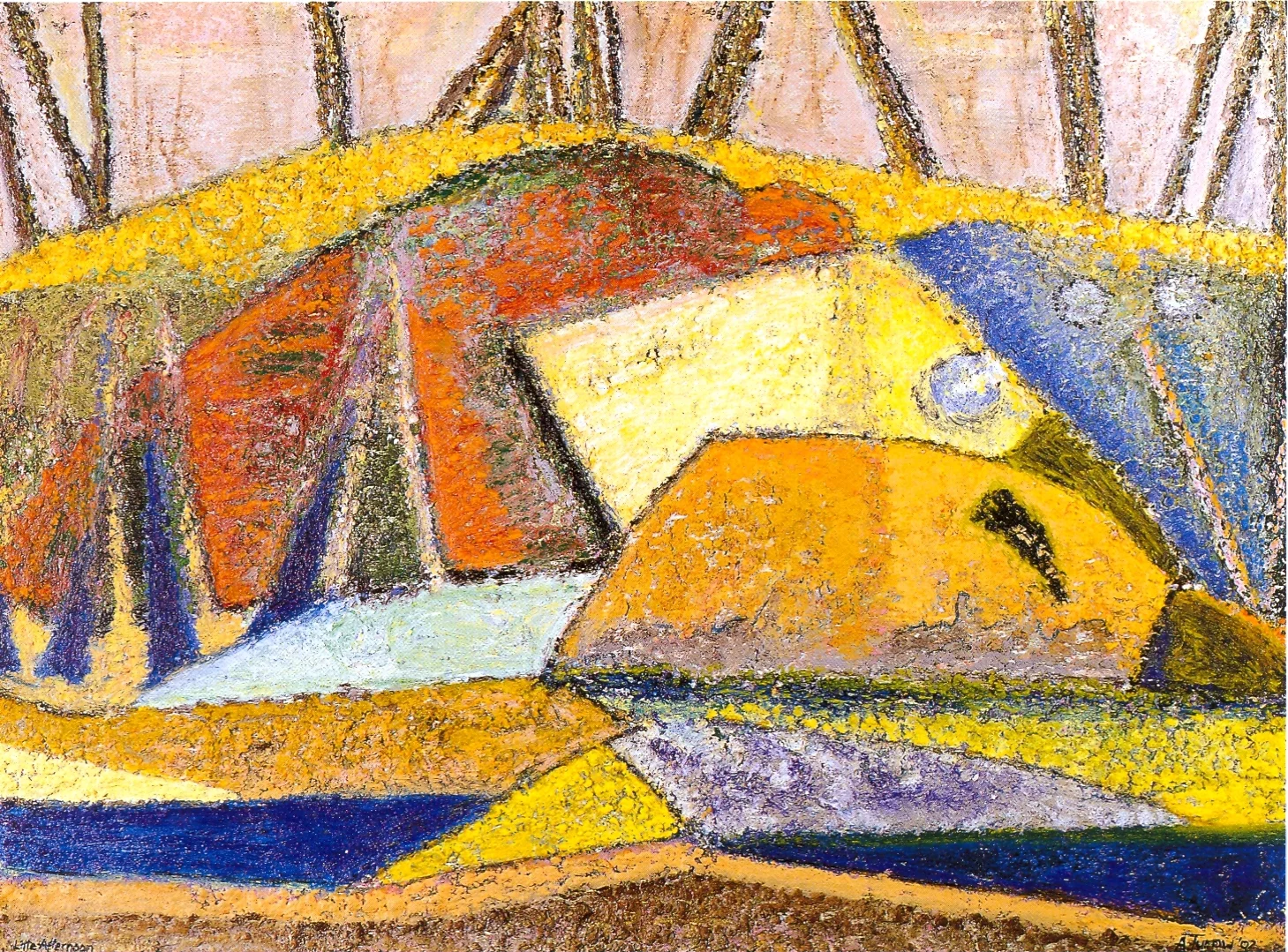 Annette Turow, The Bluff: Evening, 2002, Acrylic, Gels, Oil Stick on Paper on Board, 22" x 30"