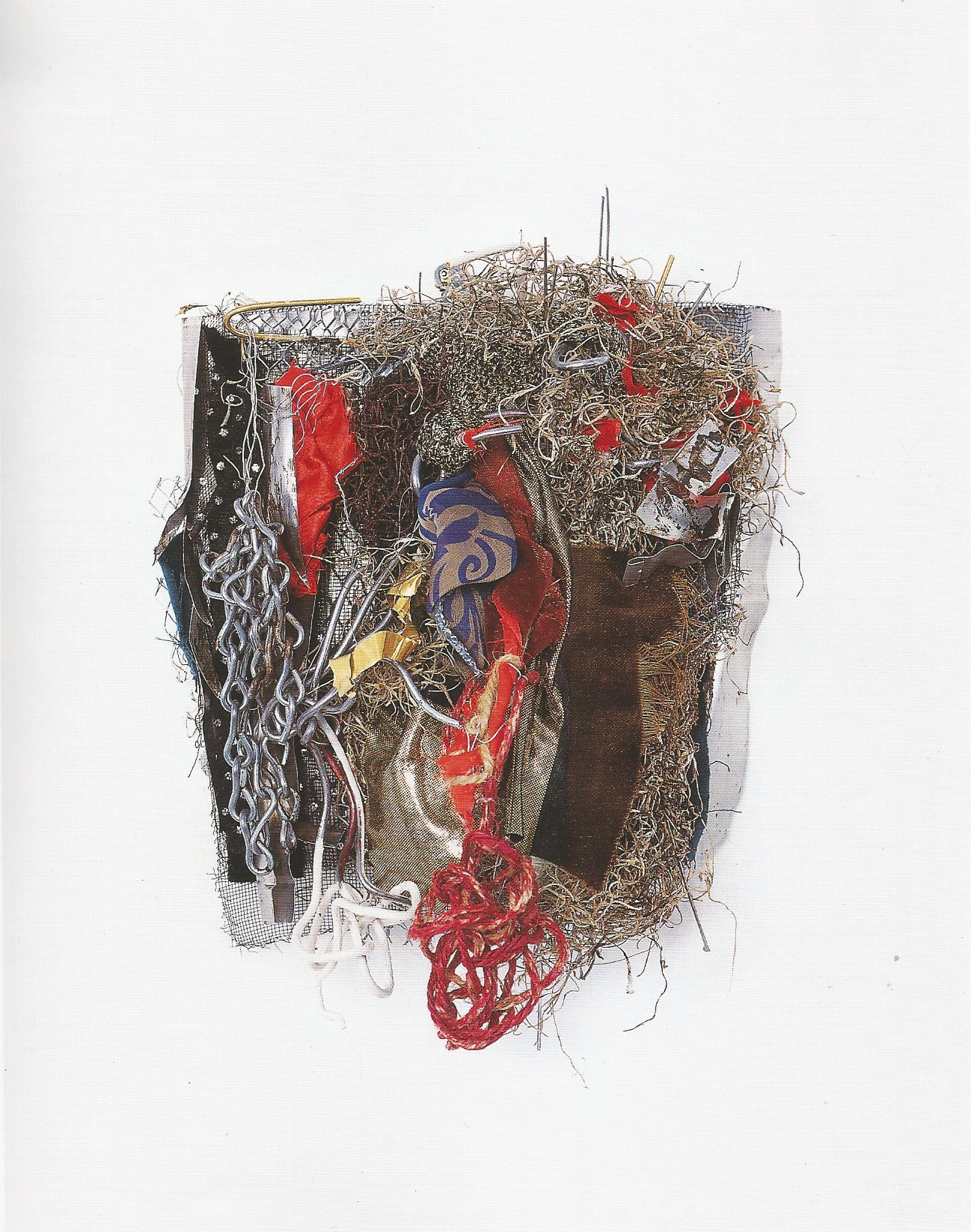 Re née Lerner: Alchemy , Fabric, moss, wires, metal, chain, hemp, acrylic, tin sheet on aluminum, 14.5" x 9.5"x 5.5'', 2001