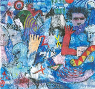 Dreams, Voices, Illusion Acrylic, Sand on Canvas, 1999, 68” x 72”
