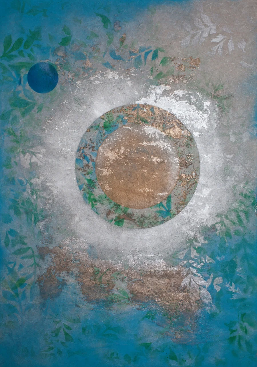 Garden Planet, 2018, Oil Based Ink on Mulberry Paper Board Mount, 35” x 25” x2”. Asian inspired abstraction with the color blue dominating all over and green leaves, clouds, and circular gold focus in the middle of the painting.