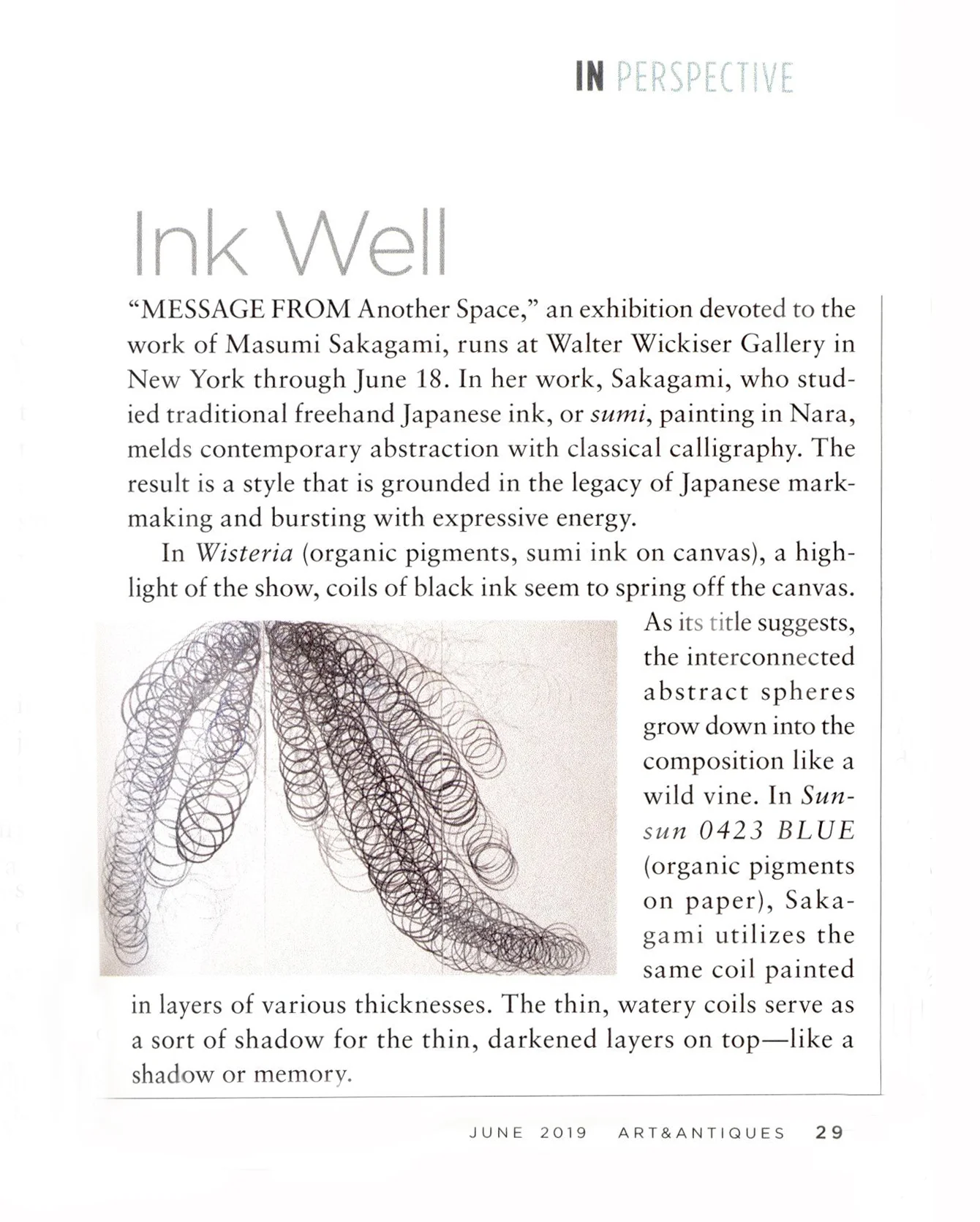 Wisteria, 2018, Organic Pigments Sumi Ink on Canvas, 72” x 108” Triptych with bands of abstract calligraphic circles connected in slinky like manner with white background